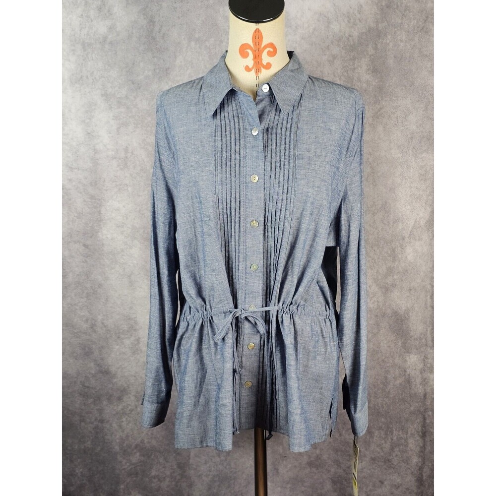 NWT Samantha Grey Womens 18 Linen Cotton Poly Button Down Shirt Long Sleeve Blue